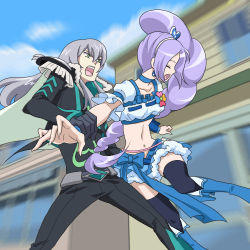 Rule 34 | 00s, 1boy, 1girl, :o, aono miki, bad id, bad pixiv id, bishounen, black thighhighs, blue footwear, blue skirt, boots, bow, cape, choker, closed eyes, cure berry, dress, earrings, epaulettes, fresh precure!, gloves, green eyes, grey hair, hair ornament, heart, heart hair ornament, holding another&#039;s wrist, jewelry, knee boots, long hair, lowres, magical girl, midriff, minami shun, navel, open mouth, pants, precure, purple hair, ribbon, side ponytail, skirt, souler, souler (fresh precure!), stk (fngy), surprised, thighhighs, thighhighs under boots