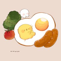 Rule 34 | 2others, artist name, bird, blush stickers, brown background, character name, cherry tomato, chick, chicken, closed eyes, commentary, creature, egg (food), english text, food, fried egg, highres, kimipiyo (tenmiyakiyo), multiple others, on food, open mouth, original, oversized food, oversized object, sausage, signature, simple background, sitting, sleeping, symbol-only commentary, tenmiyakiyo, tomato, tsubumaru (tenmiyakiyo)