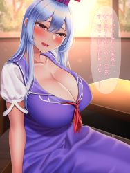 Rule 34 | 1girl, absurdres, backlighting, blue dress, blue hat, blurry, blurry background, blush, bokeh, breasts, collarbone, depth of field, desk, dress, hair between eyes, hat, head tilt, highres, huge breasts, indoors, kamishirasawa keine, light particles, looking away, lower teeth only, mimasi osuwari, neckerchief, open mouth, pinafore dress, pink eyes, puffy short sleeves, puffy sleeves, red neckerchief, short sleeves, sidelocks, sitting, sleeveless, sleeveless dress, smile, solo, sweat, teeth, touhou, translation request