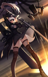 Rule 34 | 1girl, absurdres, arm up, black dress, black footwear, black gloves, black ribbon, black thighhighs, blindfold, boots, breasts, cleavage, cleavage cutout, closed mouth, clothing cutout, covered eyes, dress, drone, floating, gloves, hair over eyes, hands up, highres, holding, holding sword, holding weapon, juliet sleeves, katana, l x-x, long sleeves, machinery, medium breasts, mole, mole under mouth, nier (series), nier:automata, pod (nier:automata), puffy sleeves, ribbon, robot, sheath, short dress, short hair, side slit, solo, sword, tassel, thigh boots, thighhighs, turtleneck, two-sided fabric, two-sided skirt, unsheathing, vambraces, weapon, weapon on back, white hair, 2b (nier:automata)