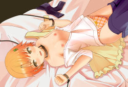Rule 34 | 1girl, apron, bare shoulders, bdsm, bed sheet, blush, bondage, bound, bow, bow panties, breasts, clothes pull, collarbone, cuffs, hair ornament, inami mahiru, leash, lying, matsumoto ryou, nipples, no bra, on back, open clothes, open mouth, orange eyes, orange hair, panties, plaid, plaid panties, rope, shirt, short hair, skirt, skirt pull, slave, small breasts, solo, strap slip, tears, underwear, uniform, waitress, working!!