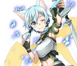 Rule 34 | 1girl, ;), animal ears, armor, black ribbon, blue eyes, blue hair, bow (weapon), breastplate, cat ears, hair between eyes, hair ribbon, holding, holding bow (weapon), holding weapon, midriff, navel, one eye closed, ribbon, short hair with long locks, sidelocks, sinon (sao-alo), smile, solo, standing, stomach, sword art online, transparent background, upper body, weapon
