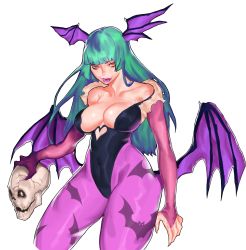 Rule 34 | 1girl, absurdres, animal print, bare shoulders, bat (animal), bat print, bat wings, black leotard, breasts, bridal gauntlets, capcom, clothing cutout, crack, demon girl, green hair, head wings, heart cutout, highres, holding, large breasts, leotard, licking lips, lipstick, long hair, looking at viewer, low wings, makeup, morrigan aensland, navel, open mouth, pantyhose, print pantyhose, purple lips, purple pantyhose, simple background, skull, smile, solo, thick thighs, thighs, third-party edit, tongue, tongue out, vampire (game), white background, wide hips, wings, yellow eyes, zelus