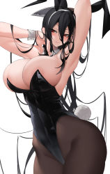 Rule 34 | 1girl, animal ears, armpits, black hair, black leotard, blush, breasts, closed mouth, detached collar, fake animal ears, fake tail, gingami (giluziru), highres, huge breasts, impossible clothes, knife hair ornament, leotard, long hair, looking at viewer, messy hair, original, playboy bunny, rabbit ears, rabbit tail, red eyes, simple background, smile, solo, tail, thighs, very long hair, white background, wrist cuffs