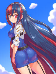 Rule 34 | 1girl, alear (female) (fire emblem), alear (fire emblem), ass, blue eyes, blue hair, breasts, cougar (cougar1404), fire emblem, fire emblem engage, from behind, garter straps, heterochromia, large breasts, long hair, looking at viewer, looking back, nintendo, red eyes, red hair, short shorts, shorts, sideboob, smile, solo, very long hair