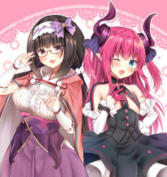 Rule 34 | 10s, 2girls, asymmetrical horns, bad id, bad pixiv id, black hair, blue eyes, blush, breasts, curled horns, elizabeth bathory (fate), elizabeth bathory (fate/extra ccc), fate/extra, fate/extra ccc, fate (series), glasses, hairband, horns, japanese clothes, large breasts, long hair, looking at viewer, low twintails, masayo (gin no ame), multiple girls, one eye closed, open mouth, osakabehime (fate), pink hair, purple eyes, red-framed eyewear, semi-rimless eyewear, smile, twintails, very long hair