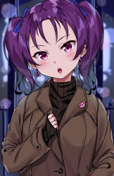 Rule 34 | 1girl, blurry, blurry background, blush, bow, brown coat, brown sweater, chestnut mouth, coat, depth of field, duffel coat, earrings, gradient hair, hair bow, hand up, head tilt, highres, jewelry, kazuno leah, long sleeves, love live!, love live! sunshine!!, multicolored hair, parted bangs, parted lips, purple bow, purple eyes, purple hair, ribbed sweater, round teeth, sleeves past wrists, solo, sweater, teeth, tem10, tsurime, twintails, upper body, upper teeth only