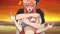Rule 34 | 1boy, 1girl, :o, arms around neck, bare shoulders, beach, bikini, bikini top only, black hair, blue bikini, blush, breasts, couple, embarrassed, game cg, grabbing, grabbing another&#039;s breast, hair between eyes, hair ornament, hairclip, horizon, long hair, miia (monster musume), monster girl, monster musume no iru nichijou, monster musume no iru nichijou online, ocean, open mouth, orange eyes, pointy ears, red hair, scales, slit pupils, solo focus, striped bikini, striped clothes, sunset, surprised, swimsuit, towel, yellow eyes