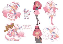 Rule 34 | 2girls, alternate hairstyle, blue eyes, blush, boots, bow, brown eyes, brown hair, character sheet, creatures (company), dragon tamer (pokemon), dual persona, eevee, eeveelution project, ellette (looney bear), ellette (loony bear), english text, fur trim, game freak, garter straps, gen 1 pokemon, gen 6 pokemon, gloves, gradient hair, hair bow, hair ribbon, hanakawa ran, hand on own hip, looking at viewer, loony bear, magical girl, multicolored hair, multiple girls, nintendo, off shoulder, official art, one eye closed, original, parted lips, personification, pink footwear, pink hair, pokemon, pokemon (creature), ponytail, ribbon, simple background, skirt, smile, standing, sylveon, thigh boots, thighhighs, twintails, v, v over eye, white background, wink
