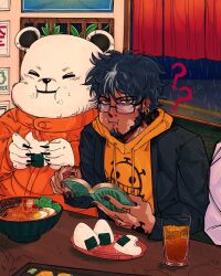 Rule 34 | 1other, 2boys, ?, ??, alcohol, bear, beer, bepo, black hair, black jacket, bugsinmyhoney, closed eyes, coat, earrings, egg, egg (food), facial hair, finger tattoo, food, fur coat, goatee, highres, holding, hood, hoodie, ice, ice cube, jacket, jewelry, looking at viewer, male focus, multiple boys, noodles, one piece, onigiri, open clothes, orange jacket, panther print, polar bear, short hair, signature, smile, tattoo, trafalgar law, udon, yellow hoodie