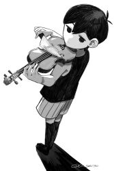 Rule 34 | 1boy, 6f6d6f7269, black eyes, black hair, black socks, closed mouth, colored skin, expressionless, highres, holding, holding instrument, holding knife, holding violin, instrument, knife, looking at viewer, omori, omori (omori), socks, solo, violin, white background, white skin