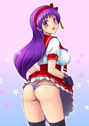 Rule 34 | 1girl, asamiya athena, ass, blush, breasts, butt crack, gloves, huge ass, open mouth, purple eyes, purple hair, smile, snk, socks, striped, the king of fighters, thong, tsumitani daisuke, underwear