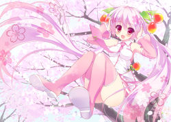 Rule 34 | 1girl, :d, alternate color, alternate hair color, ameto yuki, bad id, bad pixiv id, blush, boots, breasts, cherry, cherry blossoms, food, fruit, hatsune miku, highres, long hair, open mouth, pink footwear, pink hair, purple eyes, red eyes, sakura miku, smile, solo, twintails, vocaloid