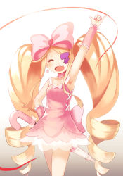 Rule 34 | 10s, 1girl, \m/, arm up, armpits, big hair, blonde hair, bow, choker, closed eyes, closed umbrella, curly hair, dress, drill hair, earrings, eyepatch, hair bow, harime nui, heart, highres, jewelry, kill la kill, lino-lin, long hair, md5 mismatch, pink bow, pink dress, pinky out, resolution mismatch, smile, solo, source smaller, strapless, strapless dress, twin drills, twintails, umbrella, white background