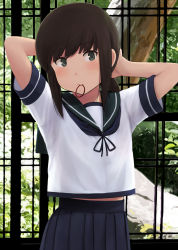 Rule 34 | 10s, 1girl, arms behind head, black skirt, blouse, brown hair, commentary request, fubuki (kancolle), fuyube gin (huyube), green eyes, hair tie, highres, kantai collection, midriff peek, mouth hold, neck ribbon, official style, pleated skirt, ribbon, sailor collar, school uniform, serafuku, shirt, short sleeves, sidelocks, skirt, solo, tying hair, upper body, white shirt