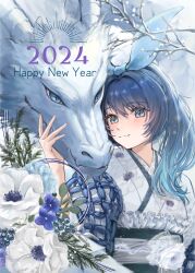 Rule 34 | 1girl, 2024, blue eyes, blue hair, character request, chinese zodiac, copyright request, dragon, flower, happy new year, highres, japanese clothes, kimono, medium hair, nagisa (pan to honey), new year, smile, snow, snowing, solo, upper body, year of the dragon