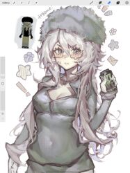 Rule 34 | !, 1girl, animification, art program in frame, artist name, avatar (roblox), blue eyes, breasts, can, cleavage, commentary, covered navel, envelope, frown, fur hat, glasses, grey hair, grey hat, grey pants, grey shirt, hair between eyes, hat, highres, holding, holding can, long hair, medium breasts, monster energy, pants, papakha, procreate (medium), procreate (software), reference inset, roblox, shirt, solo, star (symbol), sweatdrop, symbol-only commentary, ttzewo, upper body, v-shaped eyebrows, very long hair