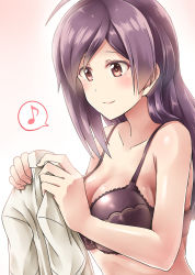 Rule 34 | 10s, 1girl, ahoge, bare shoulders, black bra, bow, bow bra, bra, breasts, brown eyes, cleavage, hagikaze (kancolle), highres, holding, holding clothes, kamelie, kantai collection, large breasts, long hair, musical note, purple hair, quaver, side ponytail, simple background, smile, solo, speech bubble, spoken musical note, underwear