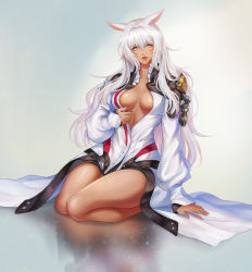 Rule 34 | 1girl, alternate hair length, alternate hairstyle, animal ears, bad id, bad pixiv id, breasts, cat ears, cleavage, dark-skinned female, dark skin, facial mark, final fantasy, final fantasy xiv, grey eyes, highres, kacyu, kneeling, leaning to the side, lips, long coat, long hair, looking at viewer, medium breasts, miqo&#039;te, no bra, open clothes, open mouth, sitting, slit pupils, solo, thighs, white hair, y&#039;shtola rhul