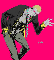 Rule 34 | 1boy, arm up, black jacket, blonde hair, donquixote doflamingo, english text, feet out of frame, hand in pocket, jacket, long sleeves, looking at viewer, male focus, mature male, mescaline, multicolored clothes, necktie, one piece, pink background, short hair, smile, solo, striped necktie, sunglasses, white-framed eyewear