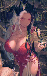 Rule 34 | 1girl, black hair, black nails, book, breasts, candle, cleavage, corked bottle, cowboy shot, curled horns, dress, fuunyon, grimoire, highres, horns, large breasts, long hair, looking at viewer, magic circle, multicolored hair, multiple horns, original, parted lips, pelvic curtain, red dress, red eyes, sleeveless, sleeveless dress, smile, solo, two-tone hair, white hair