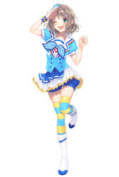 Rule 34 | 1girl, ;d, absurdres, aozora jumping heart, blue eyes, blue shirt, blue shorts, boots, bow, brown hair, clenched hand, earrings, frilled skirt, frills, full body, hair bow, highres, jewelry, knee boots, leg up, love live!, love live! sunshine!!, miniskirt, one eye closed, open mouth, original, parted bangs, pleated skirt, shirt, short hair, short shorts, short sleeves, shorts, shorts under skirt, simple background, skirt, smile, solo, standing, standing on one leg, striped clothes, striped thighhighs, sudach koppe, thighhighs, watanabe you, white background, white footwear, white skirt, wrist cuffs