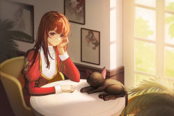Rule 34 | 1girl, black cat, brown eyes, brown hair, cat, chair, closed mouth, commentary request, cross, cross necklace, erica fontaine, hand on own cheek, hand on own face, head rest, highres, jewelry, juliet sleeves, long hair, long sleeves, looking at viewer, necklace, portrait (object), puffy sleeves, sakura-wars, sakura taisen, sitting, smile, solo, table, window