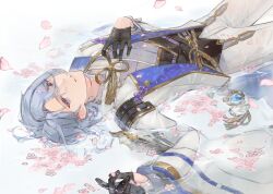 Rule 34 | 1boy, armor, black gloves, black vest, blue hair, cherry blossoms, commentary request, flower, genshin impact, gloves, gold trim, hair between eyes, half gloves, hand up, henikuki, highres, in water, jacket, japanese armor, japanese clothes, kamisato ayato, kimono, lapels, long sleeves, looking at viewer, lying, male focus, mole, mole under mouth, on back, open clothes, open jacket, pants, parted bangs, parted lips, petals, pink flower, purple eyes, rope, shallow water, short hair, shoulder armor, sidelocks, sode, solo, swept bangs, tassel, vest, vision (genshin impact), water, wet, white background, white jacket, white pants, wide sleeves