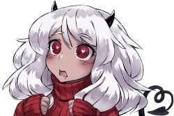 Rule 34 | 1girl, black horns, blush, demon girl, demon horns, demon tail, fang, hands up, haraya manawari, heart, heart-shaped pupils, helltaker, horns, long hair, long sleeves, looking at viewer, modeus (helltaker), open mouth, red eyes, red sweater, ribbed sweater, simple background, solo, sweater, symbol-shaped pupils, tail, turtleneck, upper body, white background, white hair