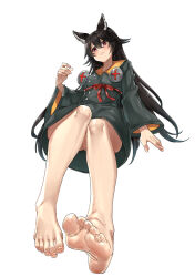 Rule 34 | 1girl, animal ear fluff, animal ears, bare legs, barefoot, black hair, bolt, cosplay, delilah (guilty gear), delilah (guilty gear) (cosplay), dress, eiji (eiji), erune, feet, foot focus, foreshortening, full body, granblue fantasy, granblue fantasy versus: rising, guilty gear, guilty gear strive, hair between eyes, highres, looking at viewer, nier (granblue fantasy), red eyes, red ribbon, ribbon, simple background, solo, white background, wide sleeves, wolf ears