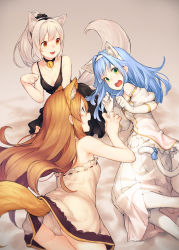 Rule 34 | &gt;:3, 3girls, :3, all fours, animal ears, ass, bell, black dress, blue hair, blue ribbon, brown eyes, brown hair, cat ears, cat tail, ciel nosurge, claw pose, clenched hand, collar, dress, elbow gloves, fox ears, fox tail, gloves, green eyes, grey hair, hair ornament, hair scrunchie, hairband, ionasal kkll preciel, jingle bell, junwool, long hair, looking at another, lying, multiple girls, neck bell, nelo (surge concerto), non-web source, on side, open mouth, panties, pantyshot, ponytail, ribbon, ribbon-trimmed dress, sarly planck, scrunchie, sitting, spaghetti strap, strapless, strapless dress, surge concerto, tail, tail ornament, tail ribbon, underwear, v-shaped eyebrows, very long hair, white dress, white gloves, white legwear, white panties