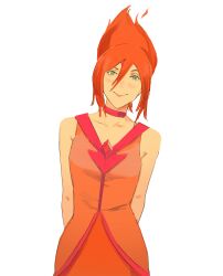 Rule 34 | 1girl, absurdres, adventure time, arms behind back, chainsaw man, colored skin, commentary, cosplay, dress, flame princess, flame princess (cosplay), hair between eyes, highres, orange dress, orange hair, orange skin, reze (chainsaw man), smile, solo, xyanaid