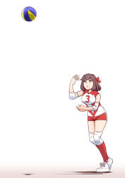 Rule 34 | 1girl, absurdres, ball, brown eyes, brown hair, commentary request, elbow pads, girls und panzer, headband, highres, knee pads, kondou taeko, leaning forward, looking up, medium hair, partial commentary, playing sports, red headband, red shirt, red shorts, red socks, satou yasu, shirt, shoes, short shorts, shorts, simple background, single vertical stripe, sleeveless, sleeveless shirt, sneakers, socks, solo, sportswear, standing, tossing, volleyball, volleyball (object), volleyball uniform, white background, white footwear