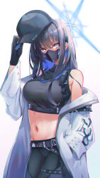 Rule 34 | 1girl, absurdres, bare shoulders, baseball cap, belt, black belt, black hair, black hat, black mask, black pants, black shirt, blue archive, blue eyes, blue hair, breasts, coat, crop top, gloves, halo, hat, highres, jacket, large breasts, long hair, looking at viewer, mask, midriff, mouth mask, navel, off shoulder, open clothes, open jacket, pants, rur (ml ruru), saori (blue archive), shirt, simple background, sleeveless, sleeveless shirt, solo, standing, stomach, white background, white coat