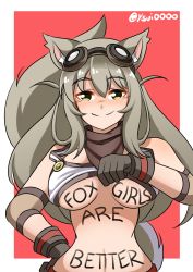 Rule 34 | 1girl, absurdres, animal ears, blush, body writing, breasts, cleavage, fox ears, fox tail, gloves, goggles, green eyes, hair flaps, halterneck, highres, large breasts, lily the mechanic, long hair, looking at viewer, lost pause, navel, smile, solo, tail, twitter username, underboob, ysui0000