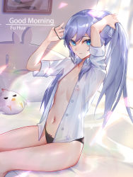 Rule 34 | 1girl, absurdres, arms up, bed, bed sheet, black panties, blue eyes, blue hair, breasts, collared shirt, dress shirt, from side, fu hua, hair tie, hairdressing, highres, honkai (series), honkai impact 3rd, long hair, looking at viewer, looking to the side, navel, nipples, no bra, no pants, on bed, panties, parted lips, pillow, see-through, shirt, short sleeves, sitting, small breasts, solo, sparkle, stomach, stuffed chicken, thighs, tying hair, unbuttoned, unbuttoned shirt, underwear, very long hair, white shirt, wucanming
