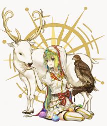 Rule 34 | 1girl, alina gray, animal, animal on hand, bird, bird on hand, bow, boyano, breasts, bridal gauntlets, brown gloves, commentary, deer, earrings, gloves, green eyes, green hair, grey background, hair between eyes, hawk, highres, holy alina, jewelry, long hair, magia record: mahou shoujo madoka magica gaiden, mahou shoujo madoka magica, parted lips, pleated skirt, puffy short sleeves, puffy sleeves, red bow, shirt, short sleeves, single glove, sitting, skirt, small breasts, smile, solo, striped, striped bow, symbol-only commentary, thighhighs, tongue, tongue out, veil, very long hair, white shirt, white skirt, white thighhighs, yokozuwari