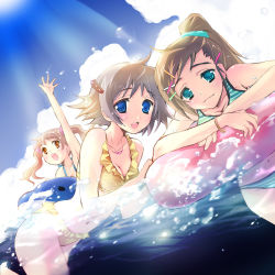 Rule 34 | 3girls, :d, aqua eyes, bikini, blue eyes, blush, breasts, brown eyes, brown hair, cleavage, collarbone, grey hair, inflatable dolphin, inflatable toy, innertube, looking at viewer, multiple girls, nekou izuru, open mouth, original, outstretched arm, partially submerged, ponytail, short hair, smile, striped bikini, striped clothes, swim ring, swimsuit, twintails, water
