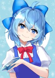 Rule 34 | 1girl, absurdres, ahoge, blue background, blue bow, blue dress, blue eyes, blue hair, bow, bowtie, breasts, cirno, closed mouth, collared shirt, commentary request, doyagao, dress, hair bow, head tilt, highres, holding, huge filesize, ice crystal, looking at viewer, puffy short sleeves, puffy sleeves, red bow, red bowtie, shirt, short hair, short sleeves, small breasts, smile, smug, snowflake background, solo, touhou, upper body, v-shaped eyebrows, white shirt, yanagi (soke yanagi)