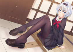 Rule 34 | 10s, 1girl, absurdres, arm support, ass, black choker, black footwear, black hairband, black pantyhose, black serafuku, black shirt, black skirt, blue eyes, blush, choker, closed mouth, darcy (pixiv11949485), feet, full body, hair intakes, hair ornament, hairband, highres, indoors, loafers, looking at viewer, miniskirt, neckerchief, pantyhose, pleated skirt, red neckerchief, ryuuou no oshigoto!, sailor collar, school uniform, serafuku, shirt, shoe dangle, shoes, short hair, silver hair, sitting, skirt, snowflake hair ornament, solo, sora ginko, thighband pantyhose, uniform, white sailor collar