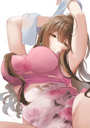 Rule 34 | 1girl, absurdres, ahoge, arms up, blush, breasts, brown hair, floral print, head tilt, highres, idolmaster, idolmaster shiny colors, kevn, kuwayama chiyuki, large breasts, long hair, looking at viewer, one-piece swimsuit, pink one-piece swimsuit, simple background, solo, swimsuit, towel, very long hair, white background, white towel