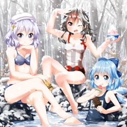 Rule 34 | 3girls, barefoot, bathing, bikini, black hair, blue bikini, blue eyes, blue hair, brain freeze, breasts, cirno, cleavage, collarbone, commentary request, cone horns, crossed legs, food, forest, grey horns, hair ornament, hat, horns, ice, ice wings, kijin seija, legs, letty whiterock, licking lips, multicolored hair, multiple girls, nature, one-piece swimsuit, one eye closed, onsen, pink eyes, popsicle, purple eyes, purple hair, ruu (tksymkw), school swimsuit, shaved ice, sitting, small breasts, smile, snow, snowing, streaked hair, striped clothes, striped one-piece swimsuit, swimsuit, tongue, tongue out, touhou, watermelon bar, wings, winter