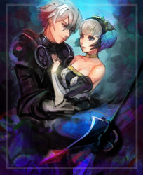 Rule 34 | 1boy, 1girl, armor, bare shoulders, black armor, blue eyes, choker, couple, eye contact, grey hair, gwendolyn (odin sphere), hetero, jewelry, kokouno oyazi, looking at another, multicolored background, odin sphere, oswald, pink eyes, ring, short hair, sketch, tiara, upper body, weapon, yellow neckwear