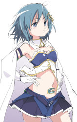 Rule 34 | 1girl, belt, blue eyes, blue hair, blue skirt, blush, cape, closed mouth, fortissimo, frilled shirt, frills, frown, gloves, hair ornament, ixy, looking away, magical girl, mahou shoujo madoka magica, mahou shoujo madoka magica (anime), messy hair, midriff, miki sayaka, musical note, musical note hair ornament, navel, open belt, pleated skirt, shirt, simple background, skirt, solo, soul gem, thighs, unbuckled, unbuttoned, unzipped, white background, white cape, white gloves