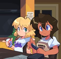 Rule 34 | 2girls, bacun, blonde hair, blue eyes, breasts, brown hair, can, chair, chicago cubs, closed mouth, dark-skinned female, dark skin, drink can, green eyes, gun, gunsmith cats, handgun, highres, holding, holding can, holding gun, holding weapon, indoors, large breasts, looking at another, major league baseball, minnie may hopkins, multiple girls, rally vincent, shirt, short hair, short sleeves, sitting, soda can, table, weapon, white shirt