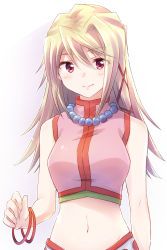 Rule 34 | 1girl, absurdres, bangle, bead necklace, beads, bracelet, breasts, funada kathleen, gibiate, hair between eyes, hair ribbon, highres, jewelry, long hair, looking at viewer, midriff, navel, necklace, nyaa (nnekoron), red eyes, ribbon, simple background, sleeveless, small breasts, smile, solo, standing, white background