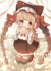 Rule 34 | 1girl, ame usako, animal ears, animal hat, blush, bow, braid, breasts, brown eyes, brown hair, brown hat, brown skirt, brown thighhighs, cleavage, commentary request, cup, drinking, fake animal ears, frilled skirt, frills, full body, hair bow, hands up, hat, heart, highres, holding, holding cup, long hair, long sleeves, looking at viewer, medium breasts, mole, mole on breast, original, pleated skirt, puffy long sleeves, puffy sleeves, red bow, red footwear, shirt, shoes, short eyebrows, skirt, sleeves past wrists, solo, striped clothes, striped thighhighs, thick eyebrows, thighhighs, twin braids, twintails, twitter username, vertical-striped clothes, vertical-striped thighhighs, very long hair, white shirt