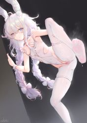 Rule 34 | + +, 1girl, absurdres, animal ear fluff, animal ears, azur lane, braid, breast curtains, choker, crotchless, crotchless pantyhose, fake animal ears, feet, feet up, grey hair, hair between eyes, highres, le malin (azur lane), le malin (listless lapin) (azur lane), leg up, legs, leotard, long hair, low twin braids, no shoes, o-ring, o-ring choker, official alternate costume, pantyhose, playboy bunny, rabbit ears, rabbit tail, simple background, soles, sxbzero, tail, thigh strap, thighs, twin braids, very long hair, white hair, white leotard, white pantyhose, wrist cuffs