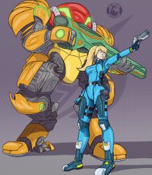 Rule 34 | absurdres, ammunition pouch, armor, artist logo, belt, belt pouch, blonde hair, blue bodysuit, blue eyes, blue footwear, bodysuit, boots, crossover, dots, elbow pads, energy gun, from below, fusion, gerkek, glowing lines, gradient background, green light, grey background, gun, hair between eyes, handgun, highres, holding, holding gun, holding weapon, joints, knee pads, mecha, metroid, multicolored armor, nintendo, orange armor, orange light, pilot suit, ponytail, pouch, red armor, rifle, robot, robot joints, samus aran, science fiction, sidelighting, sidelocks, steel-toe boots, thigh belt, thigh pouch, thigh strap, titan (titanfall), titanfall (series), varia suit, watermark, weapon, yellow armor, yellow light, zero suit