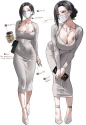 Rule 34 | 1girl, bag, black hair, blush, breast tattoo, breasts, cellphone, cleavage, coffee cup, collarbone, commentary, covered navel, cup, disposable cup, dongtan dress, dongtan lady (k pring), dress, full body, grey dress, hair bun, high heels, highres, jewelry, k pring, large breasts, long sleeves, looking at viewer, mask, meme attire, mole, mole on breast, mouth mask, multiple views, necklace, original, parted bangs, phone, purple eyes, short hair, shoulder bag, single hair bun, skin tight, solo, tattoo